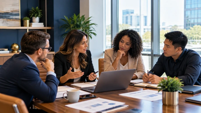 Professionals discussing business priorities in a modern meeting room