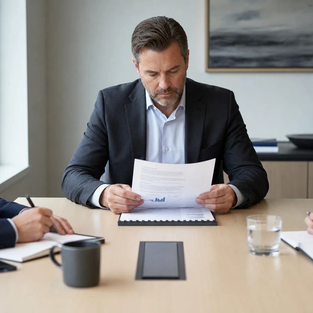 Business professional reviewing a printed report during a meeting